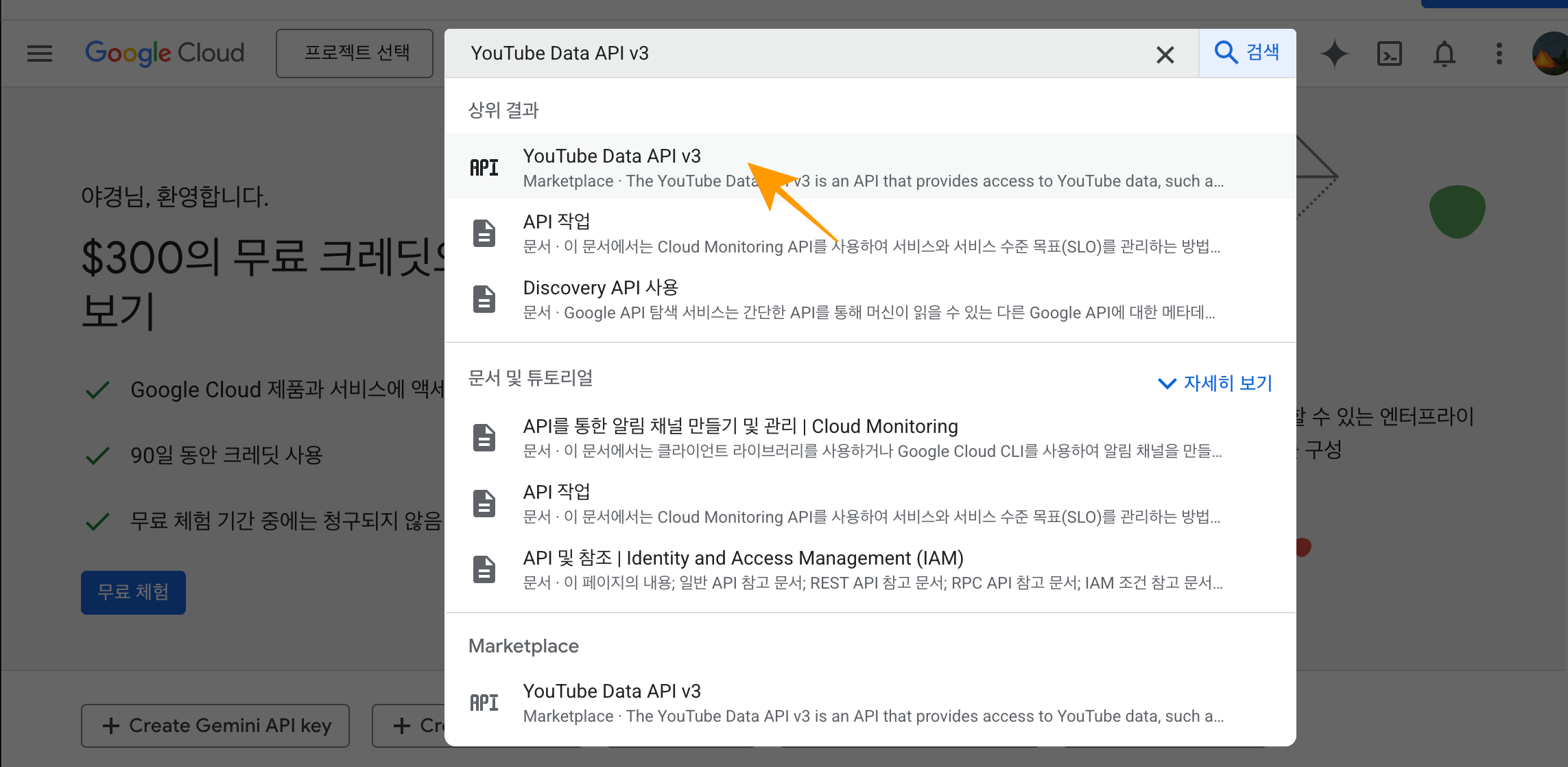 상단 검색창에서 YouTube Data API v3 검색
