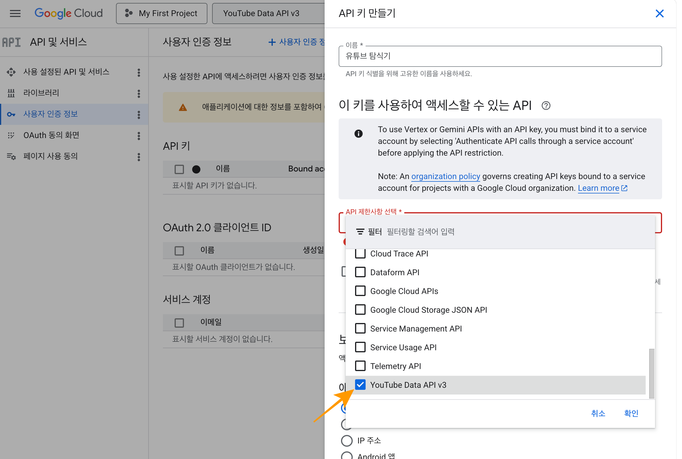 API 제한사항 선택 - YouTube Data API v3
